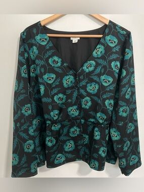 J. Crew Teal Floral V-Neck Blouse